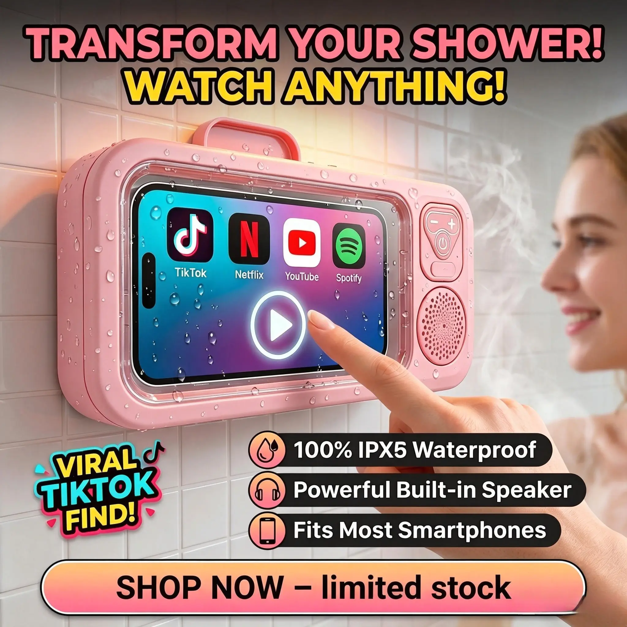 Shower Phone Holder with Bluetooth Speaker, Waterproof Touch Screen Phone Case, 360° Rotation Wall Mount Bathroom Phone Stand for TikTok/Streaming