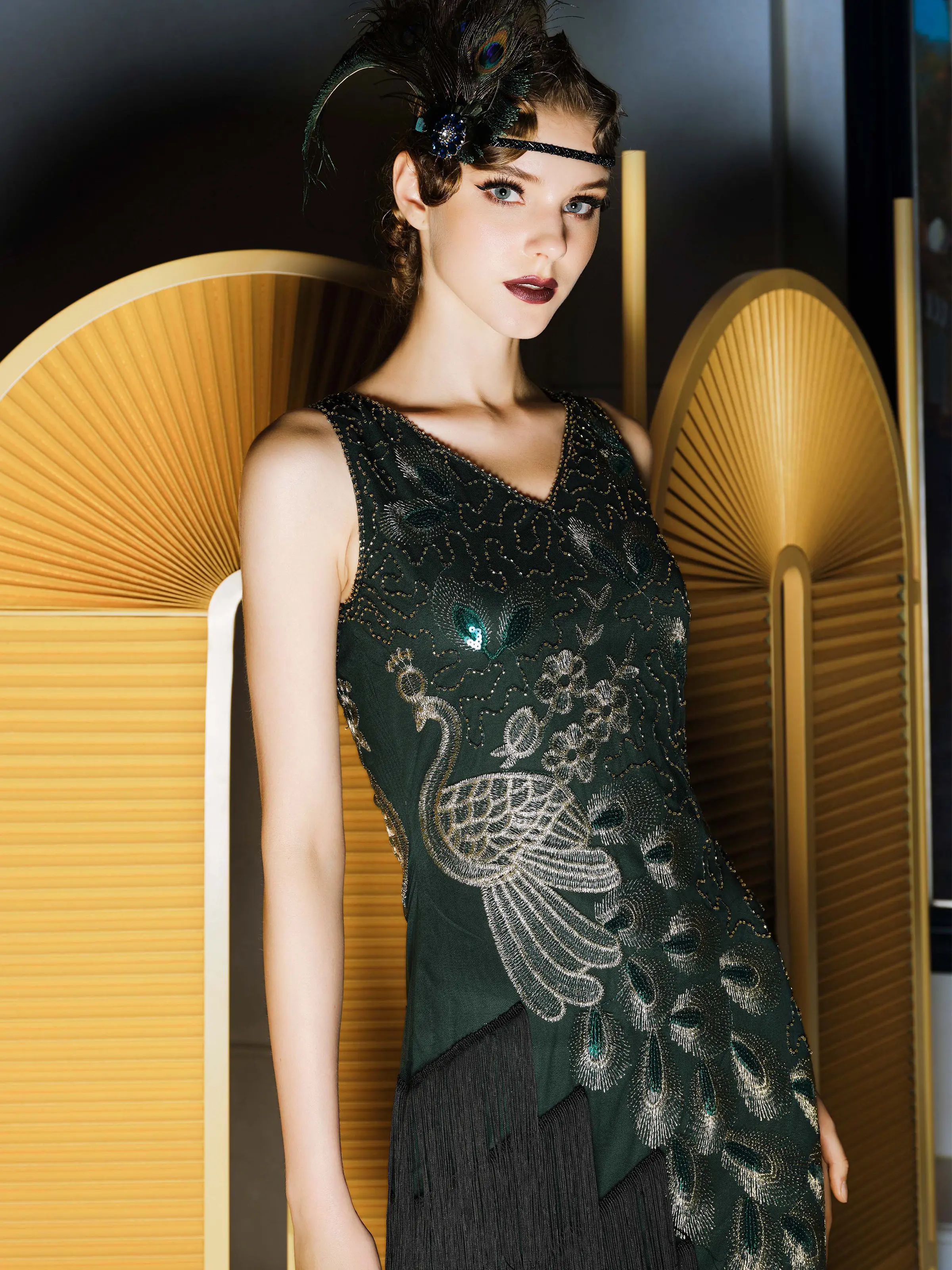 BABEYOND Vintage Inspired Irregular Tassel Hem Peacock Dress - Elegant Fit Party Vintage Style for Women Fabric Fashion Formal Womenswear Sleeveless Elegance green dress Polyester Print