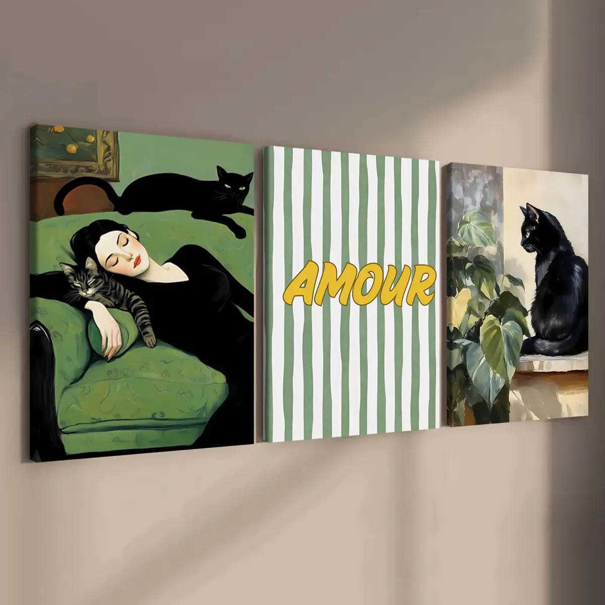 3 Count wooden frame canvas, French Retro Black Cat poster, Warm pattern Decoration, Stylish Bedroom Decoration, Modern Art Home Decoration, Living Room and Hallway wall Decoration, HD, waterproof, Art, Artistic, Vintage Wall Art
