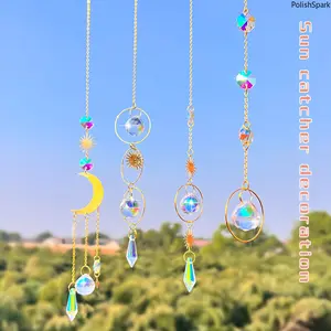 Crystal Sun Catcher Rainbow Maker, Hanging Suncatcher Ornament with Moon Sun Design for Window Car Garden Home Decor
