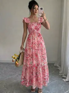 Summer Square Neck Backless Casual Ruffled Long Dress, Sleeveless Floral Print, Loose-Fitting Midi Sundress, Women's Fashion, Chic Womenswear
