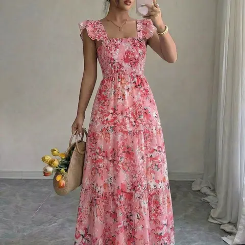 Summer Square Neck Backless Casual Bohemian Aesthetic Ruffled Long Dress, Sleeveless Floral Print, Loose-Fitting Midi Sundress, Casual Boho Style, Women's Fashion, Chic Feminine Womenswear, Bohemian Style Dresses