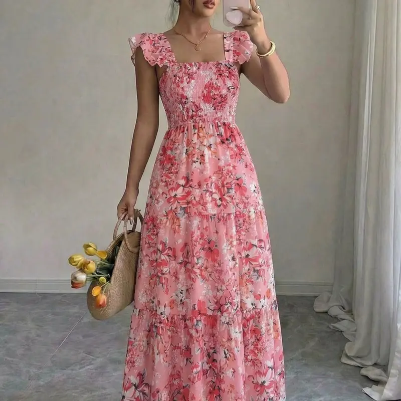 Summer Square Neck Backless Casual Bohemian Aesthetic Ruffled Long Dress, Sleeveless Floral Print, Loose-Fitting Midi Sundress, Casual Boho Style, Women's Fashion, Chic Feminine Womenswear, Bohemian Style Dresses