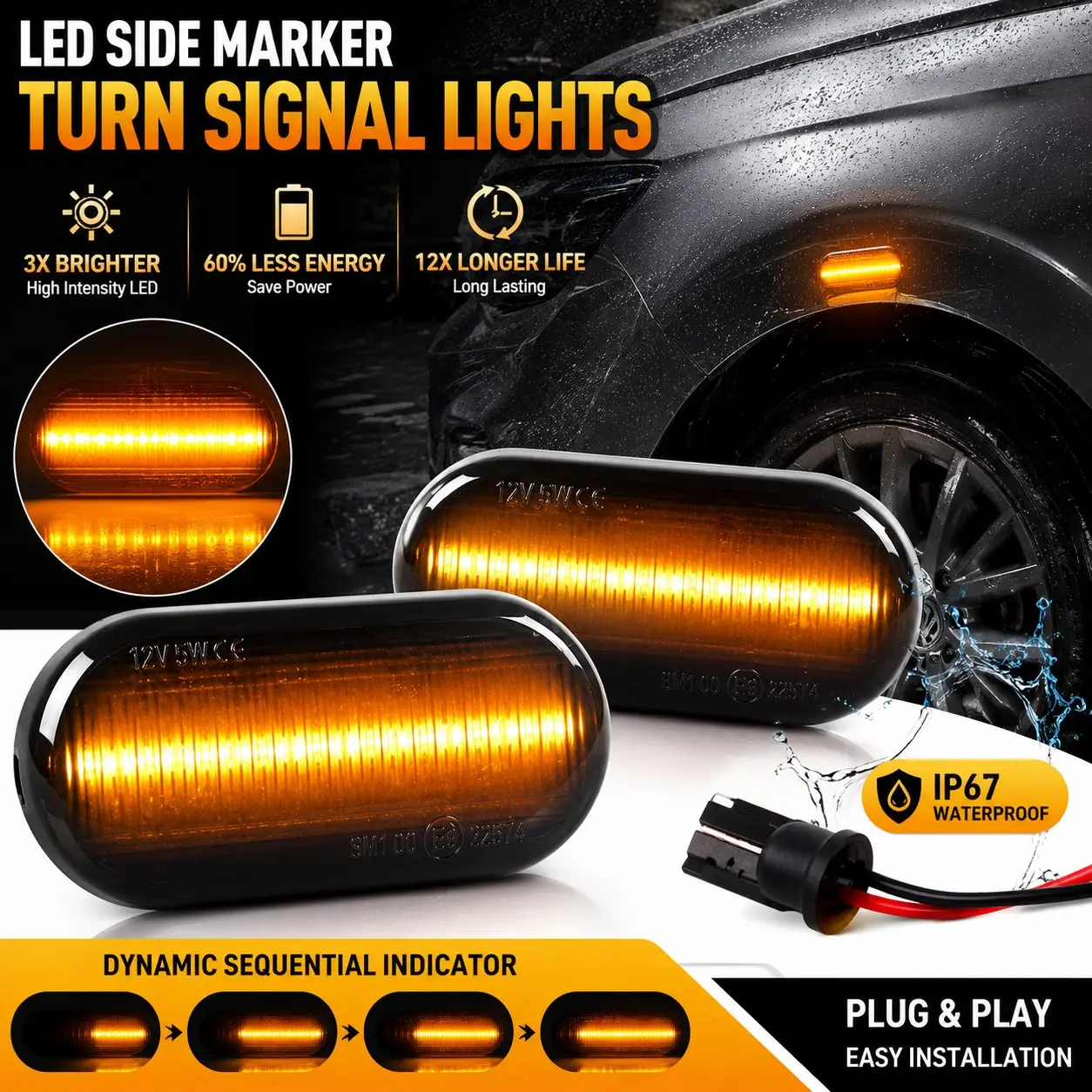 2pcs LED Sequential Side Marker Lights for VW Golf MK4 Jetta Bora GTI R32 Passat B5 Beetle Polo T5 Amarok | Smoked Lens Amber Turn Signal Lamps | Plug & Play Waterproof Dynamic Blinker Lights 12V Auxiliary Lights Car Led Lights