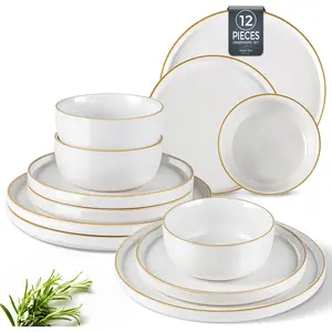 Stoneware Dinnerware Sets for 4,Reactive and Set,Chip and Crack Resistant| Dishwasher & Safe| Round Dishes Set Service for 4 (12pc)