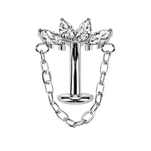 Threadless Push-In CZ Crystal Marquise Fan with Dangling Chain Floating Belly Button Ring - ASTM F-136 Implant Grade Titanium