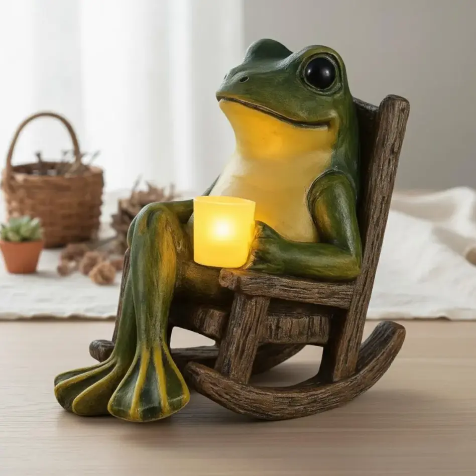 Cute Resin Solar Frog Figurine Rocking Chair Statue - Outdoor Waterproof LED Illuminates Ornament for Garden, Patio - Solar-Powered Home Improvement Garden Decor,anniversary,flexible,round,dog,animal,cerami