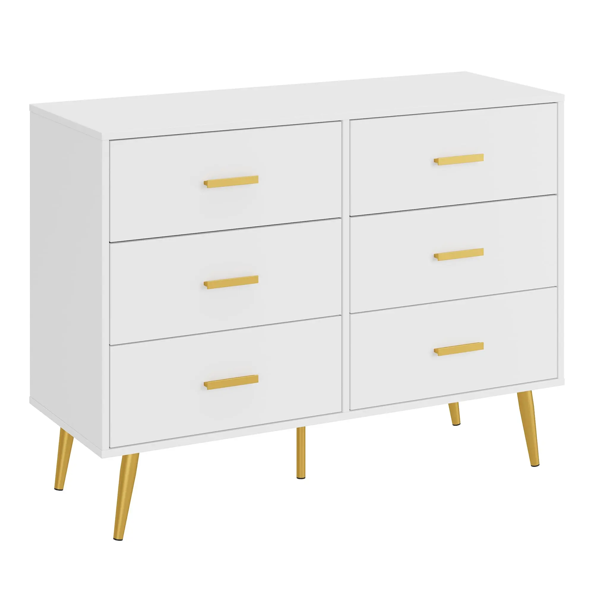 Garvee 6-Drawer Bedroom Dresser - Modern White Freestanding Storage Cabinet, Wood-Steel Build, Gold Handles, Deep Compartments, Ideal for Clothing & Makeup Organization, Living Room