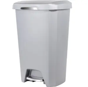 Gray 12.1 Gallon Plastic Step-On Kitchen Trash Can with Soft Close, Foot Pedal, Silenced Lid, Brushed Gray Finish & Notches for Secure Bag Placement
