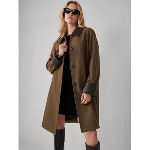 Cider [size 0-10] Faux Leather Contrasting Collar Long Barn Jacket