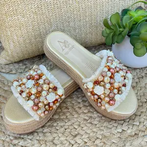 Alma Edelias Floral Charm Wedge Sandals #374 Jute Platform Pearl Bead 3D Flower Women's Summer Walking Shoes Handmade in Colombia - Footwear