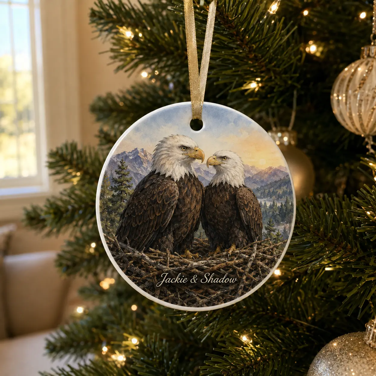 Jackie & Shadow Ceramic Christmas Ornament, Jackie Tribute Bald Eagle Keepsake, Eagle Pair Holiday Tree Decoration