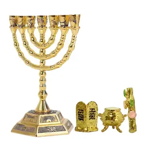 Premium Seven-Branch Menorah Replica Set – Holy Land Golden Candelabrum with Three Sacred Treasures (Aaron’s Rod, Manna Jar, Ten Commandments Tablets) – Biblical Heritage Décor & Spiritual Education Gift