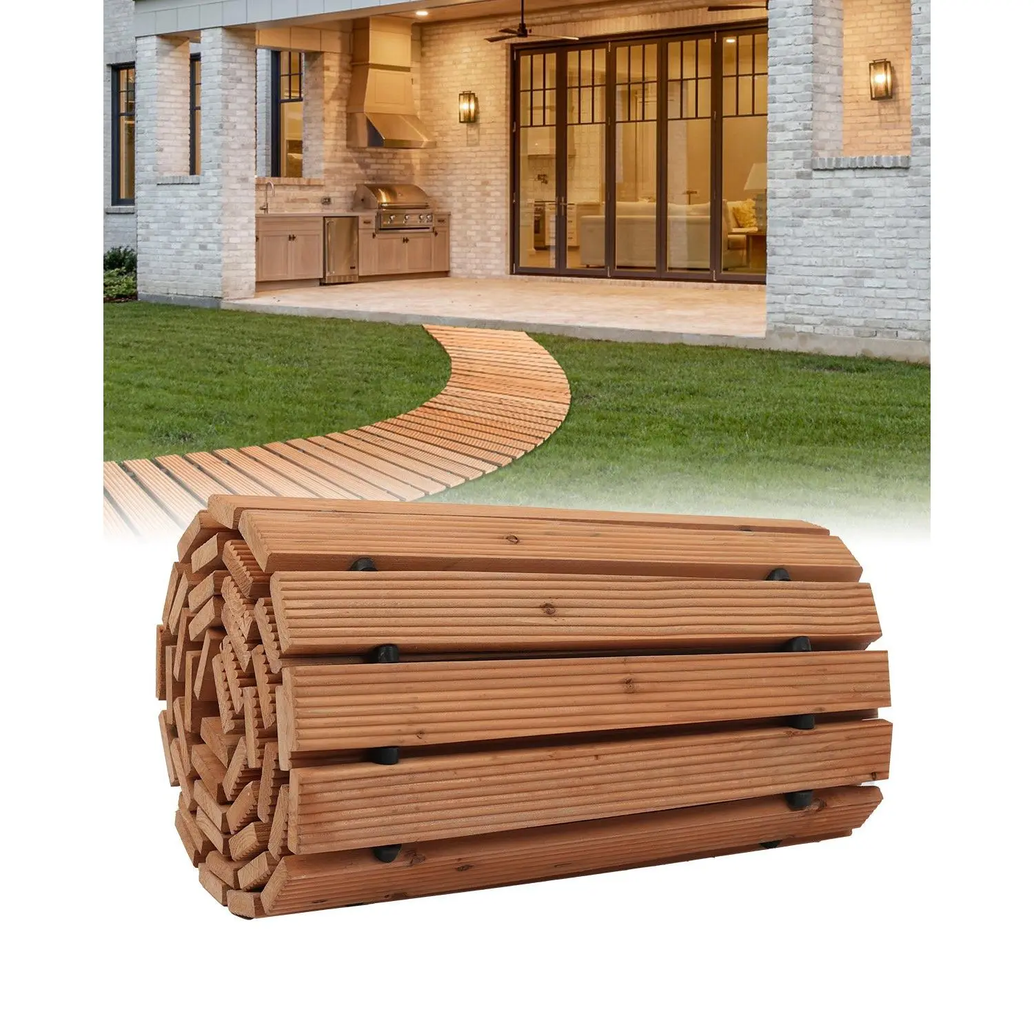 VEVOR Cedar Wood Garden Pathway, 96x17in (8ftx17inx0.6in) Outdoor Lawn Pavers, Non-Slip Arc Roll-Out Walkway with Wire Rope Connection, Water-Resistant Wipe-Clean for Gardening, Weddings, Parties, Camping