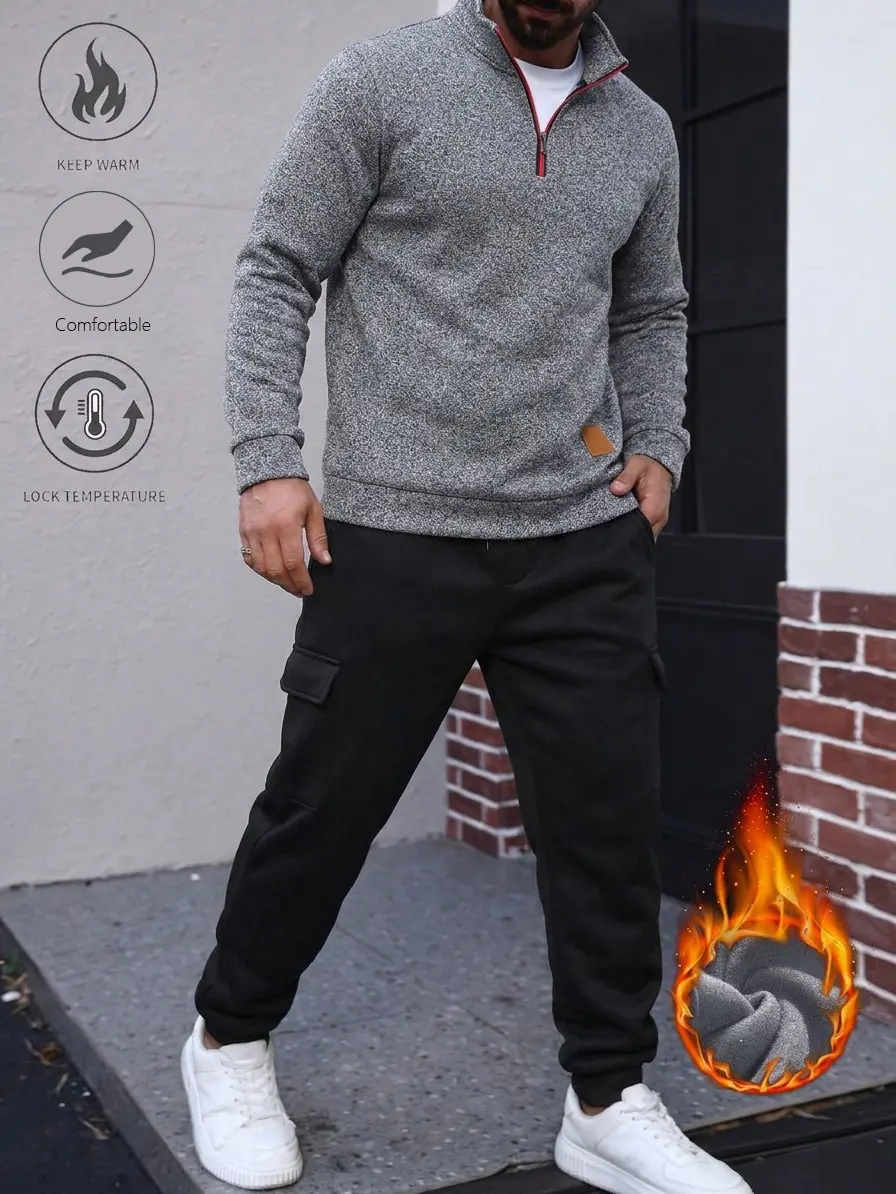 Men's 2 Piece Thermal Fleece Lined 1/4 Zip Stand Collar Heather Cargo Casual Tracksuit Sweatsuit Gym Outdoor Daily Autumn Winter