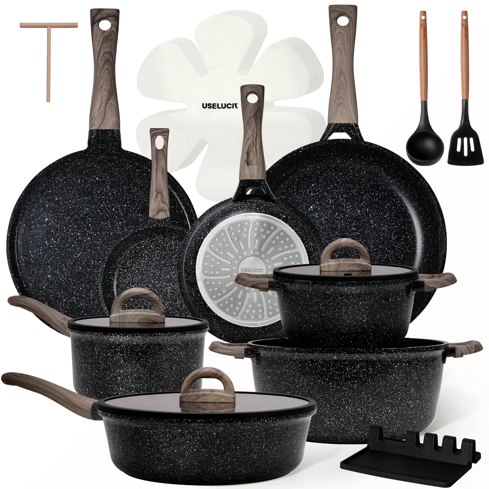 USELUCK 22-Piece Non-Stick Ceramic Pots and Pans Set - PFOA/PFOS-Free Cream White Granite Kitchen Supplies with Glass Lids, Induction-Compatible Non-Toxic Stovetop Set Including Crepe Frying Pan,home essentials