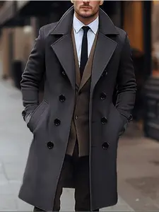 Men's Solid Color Double Button Windbreaker Jacket, Casual Business Style Woven Fabric Coat for Fall & Winter, Fitted Design