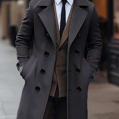 Men's Solid Color Double Button Long Sleeves Windbreaker Trench Coat, Casual Business Classic Style Woven Fabric Coat for Fall & Winter, Fitted Design Jackets