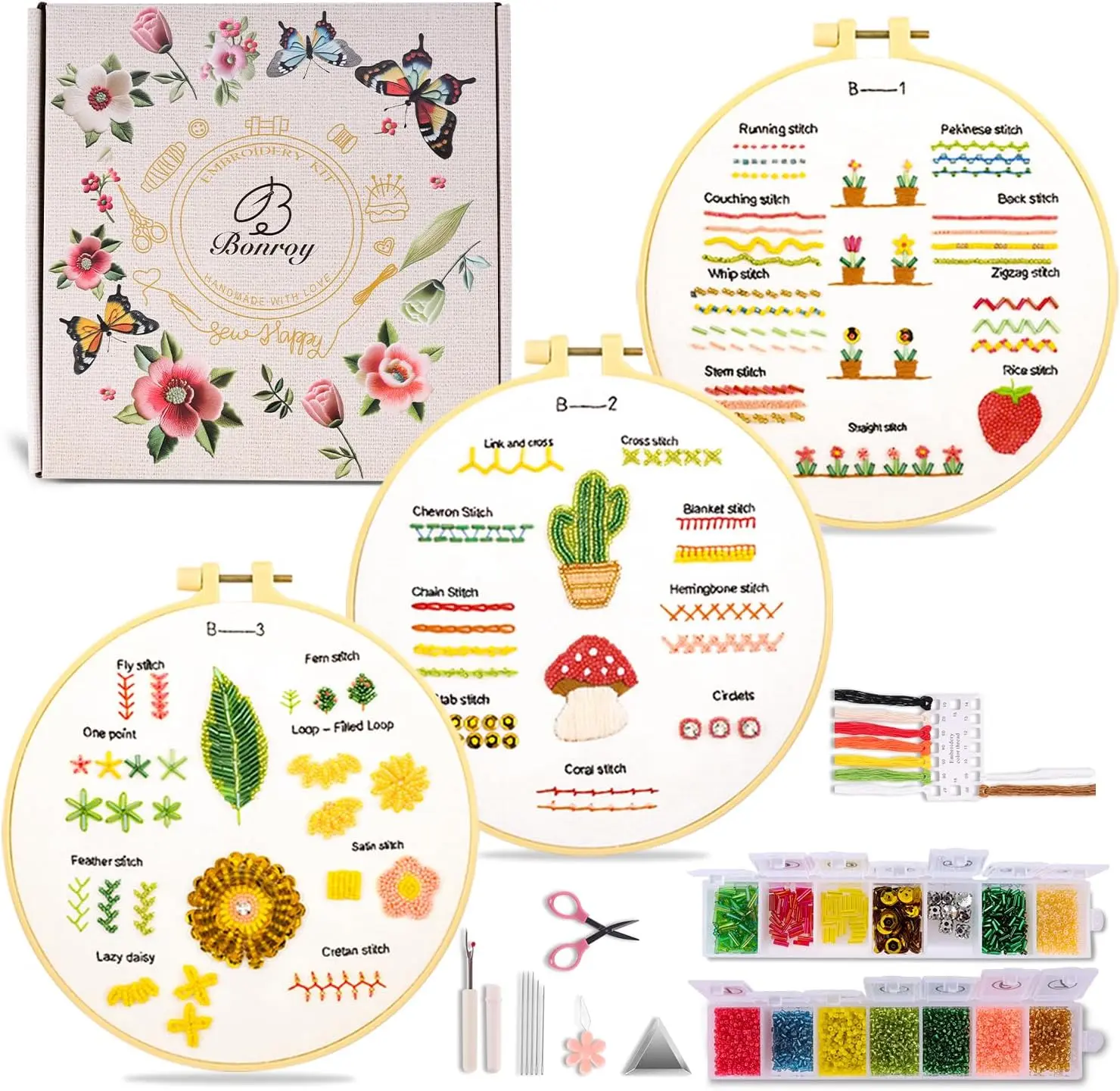 Beginner Bead Embroidery Kit for Adults Kids, Learn to Embroider 26 Stitches, Stitches Kit, Bead Embroidery Kit, Beginner Embroidery Practice with Step-by-Step Guide & Video