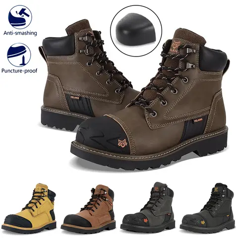 Men's Steel Toe Safety Boot - Durable, Heavy Protection Workwear Shoes, Chunky Brogue, Puncture-Proof, Casual Patchwork Fabric, Non-Slip Rubber Outsole, Fashion Laces, Industrial Style, Highly Versatile, All Seasons, for Construction, Outdoor Wear