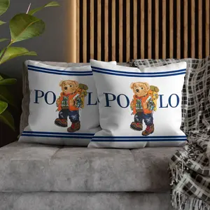 Adventure Bear Print Pillow Covers, Blue & White Stripe Decorative Pillow Cases, Soft and Skin-Friendly, Outdoor Style Cushion Covers, 1 Pair (without Filling), 17.71×17.71 Inches.
