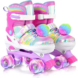 Rainbow Tie-Dye Adjustable Roller Skates Suitable for Girls Aged 3-5, 5-8, 6-12, Pink and Purple Glowing Roller Skates with Fluffy Pom-Poms, Triple Protection for Indoor and Outdoor Skating