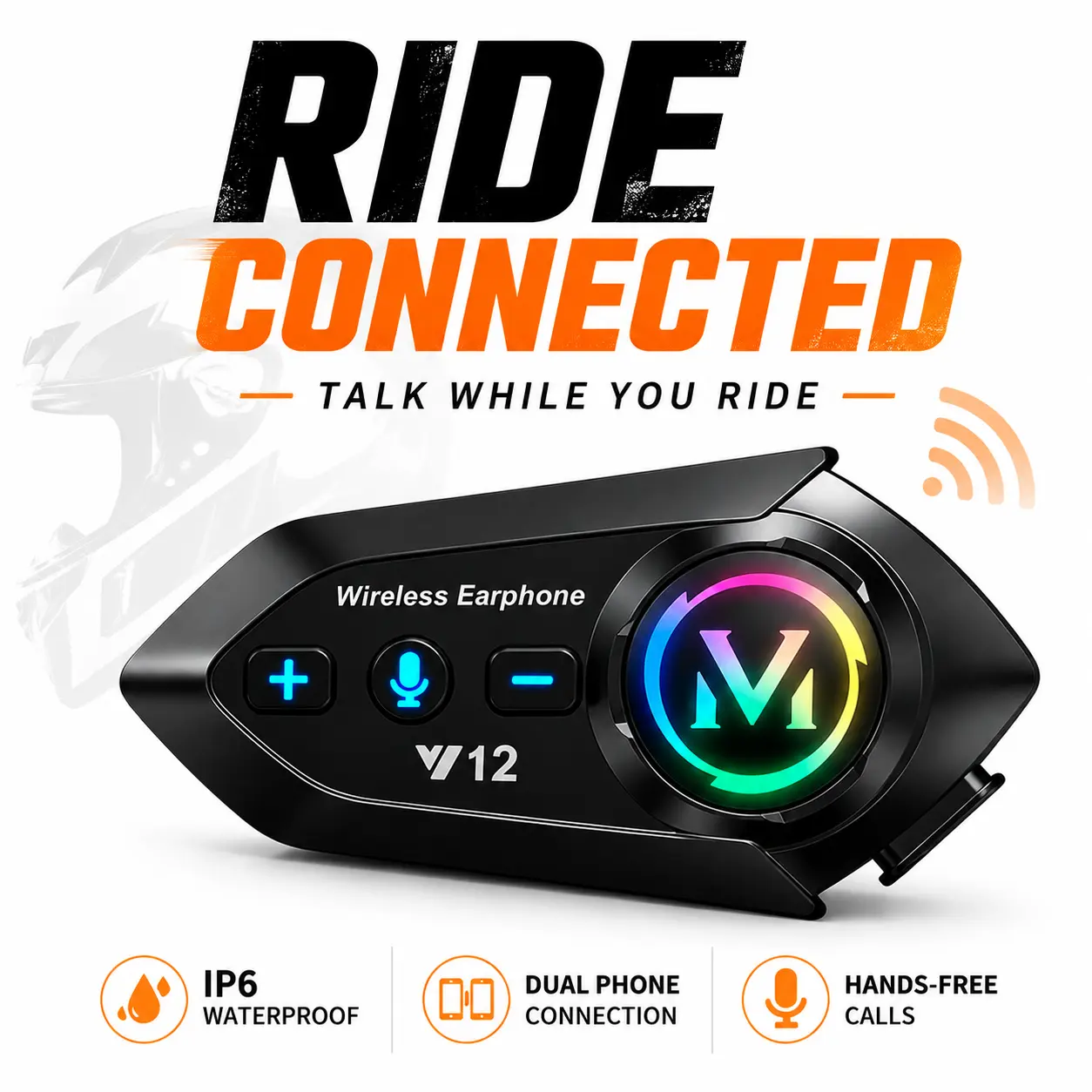 Motorcycle Helmet Bluetooth Headset with Helmet Mount, 3.5mm Headphone Jack, IP6 Water Resistant, 13H Talk Time, Dual Phone Connection, Handsfree Call for Riders, Handfree Call