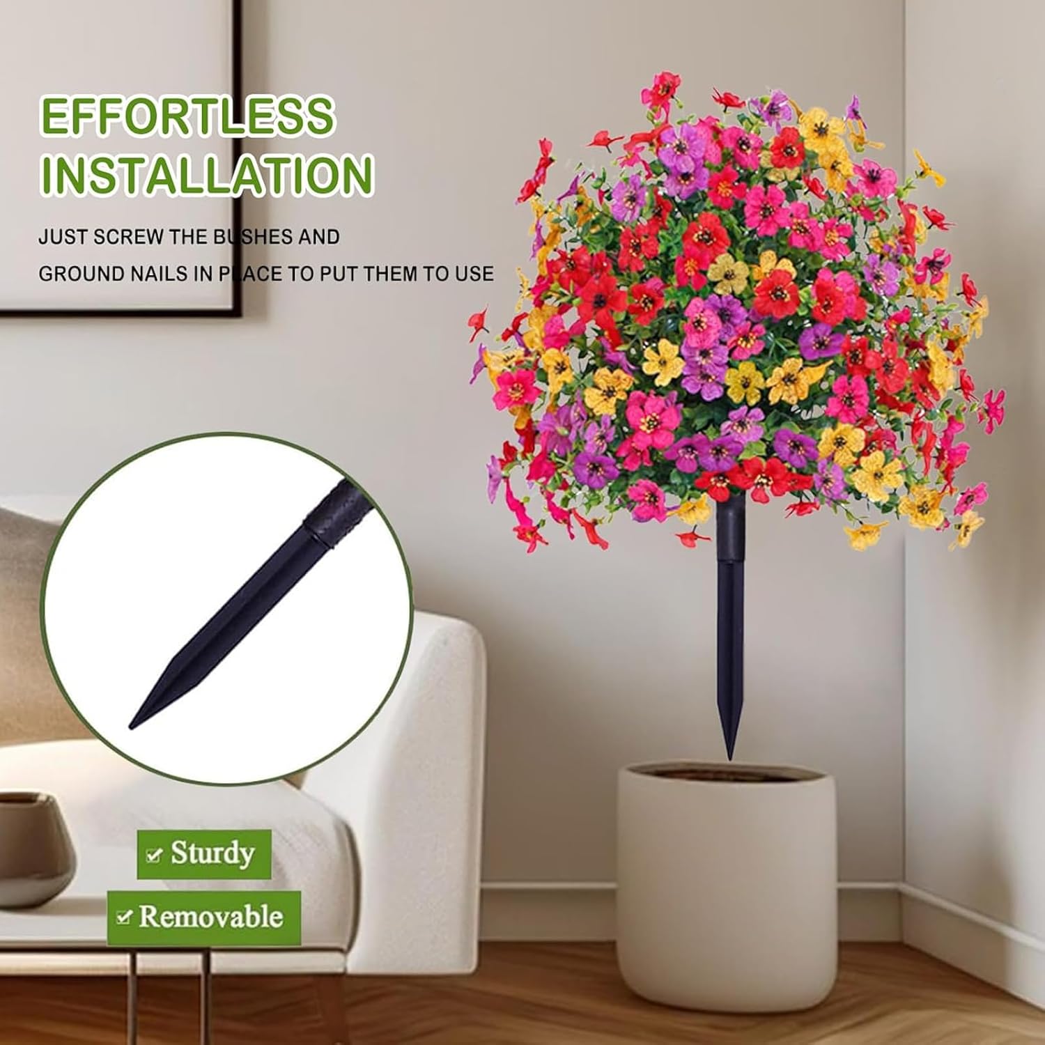Outdoor/Indoor UV-Resistant & Waterproof Artificial Flower Decor — Artificial Flower Bouquets with Ground Stakes, Ideal for Porches, Patios, Gardens, and Home Courtyards — Realistic Faux Plastic Flowers with Ground Inserts