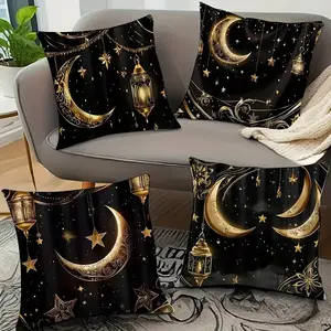 4-Piece Moon Lantern Star Pattern Ramadan Decorative Pillowcases, 45x45cm, Short Plush Material, Hidden Zipper, Indoor Outdoor Decoration, Versatile Decor