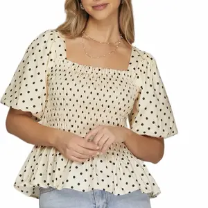 Polka Dot Square Neck Peplum Top with Puff Sleeves for Women