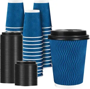 Disposable Coffee Cups with Lids 12 OZ 50 Pack, Insulated Paper Coffee Cups with Lids, Corrugated Ripple Wall To Go Coffee Cup with Lid for Hot Beverages (Blue)