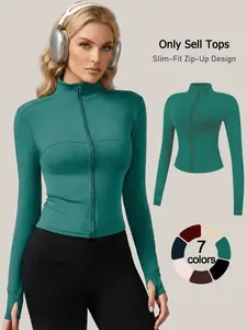 women zip up jacket high stretch casual long sleeve daily trendy versatile comfy loungewear Tops solid skin friendly pajamas tight shaping yoga wear all season outdoor stylish thumb hole activewear
