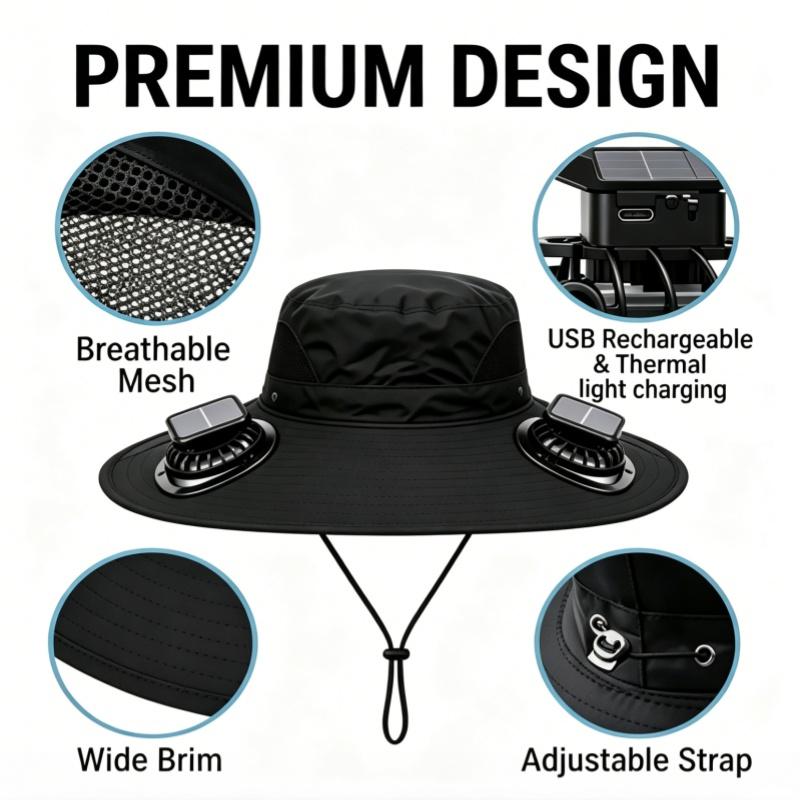 Unisex Polyester Solid Solar Power Fan Hat - USB Rechargeable, 3 Speeds, Adjustable, UPF 50+, Wide Brim, Waterproof, UV Protection, Breathable Mesh Sports Cap for Outdoor Fishing, Gardening, Hiking