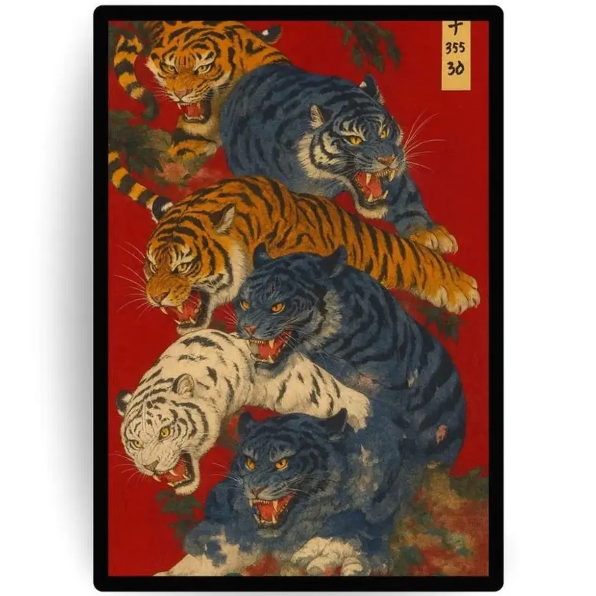 Japanese Tiger Poster in Ukiyo-e Style Featuring Multicolor Majestic Tigers on Red Background for Bold Vintage Wall Art Décor