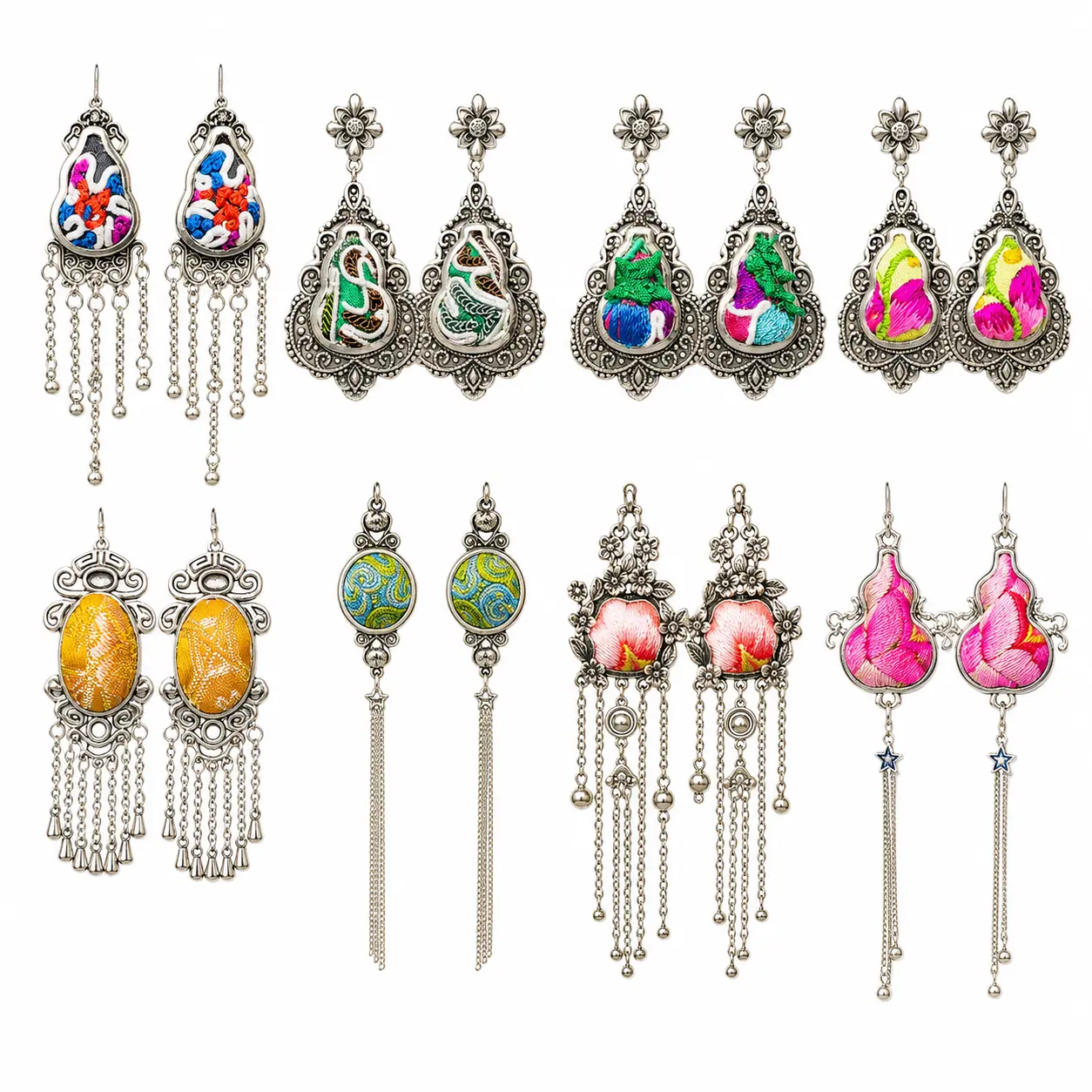 Women's 100% Handmade Miao Embroidery Tassel Earrings, Bohemian Asian Style Vintage Ethnic Statement Jewelry, High-End Artisan Collection, Bohemian Earrings, 100% Handmade Earrings