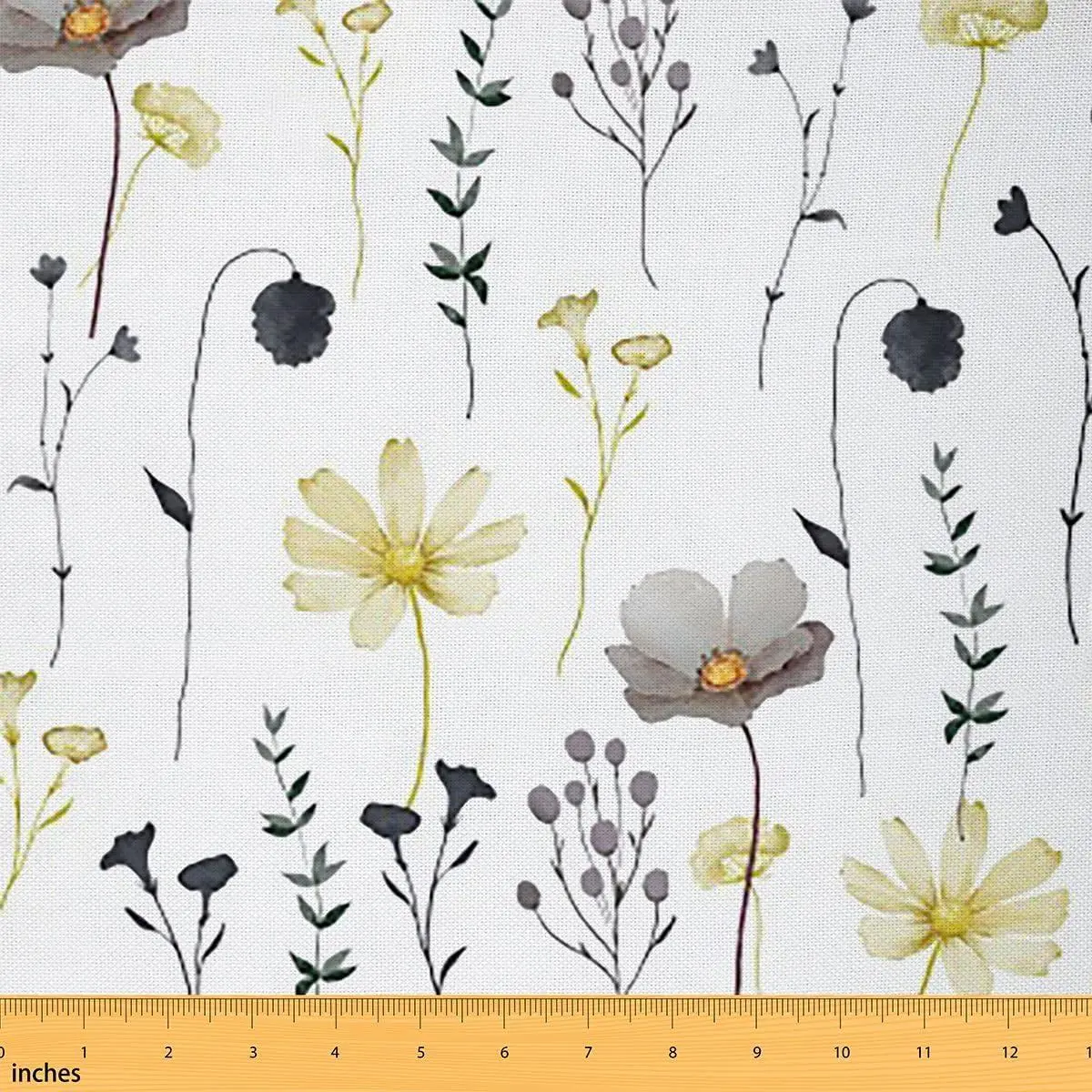 Yellow and Grey Flower Fabric Watercolor Floral Waterproof Outdoor Fabrics Minimalist White Upholstery Fabric Pastoral Branches Aesthetic Decor Tablecloth,Dress,DIY Crafts