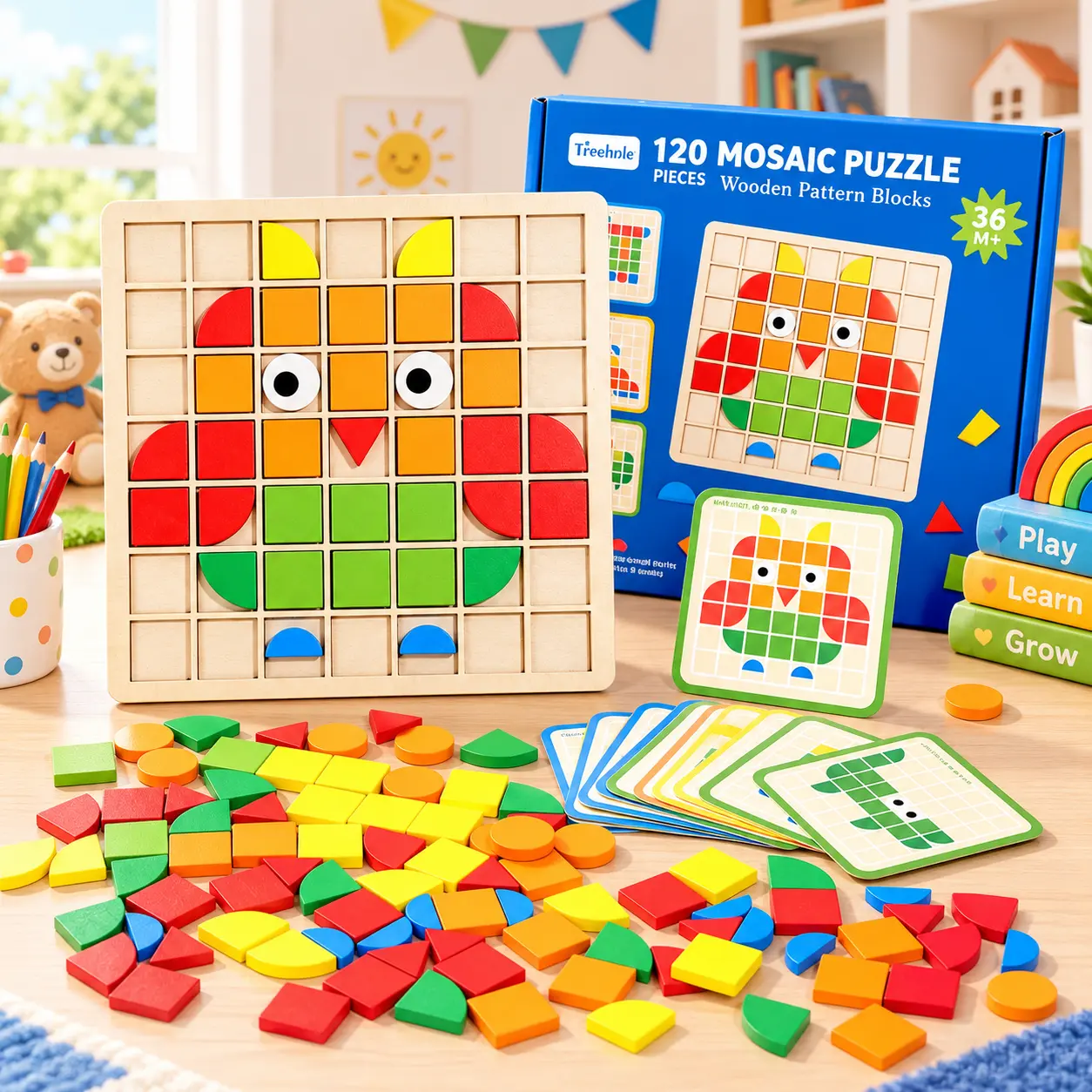 Wooden Mosaic Puzzle Game 120PC Blocks Kids Toy Set, Colorful Geometric Shapes & 20 Design Cards, Creative Matching Learning Activity for Ages 3+ Boys Girls, Educational STEM Gift for Preschoolers, Screen-Free Fun & Fine Motor Skills