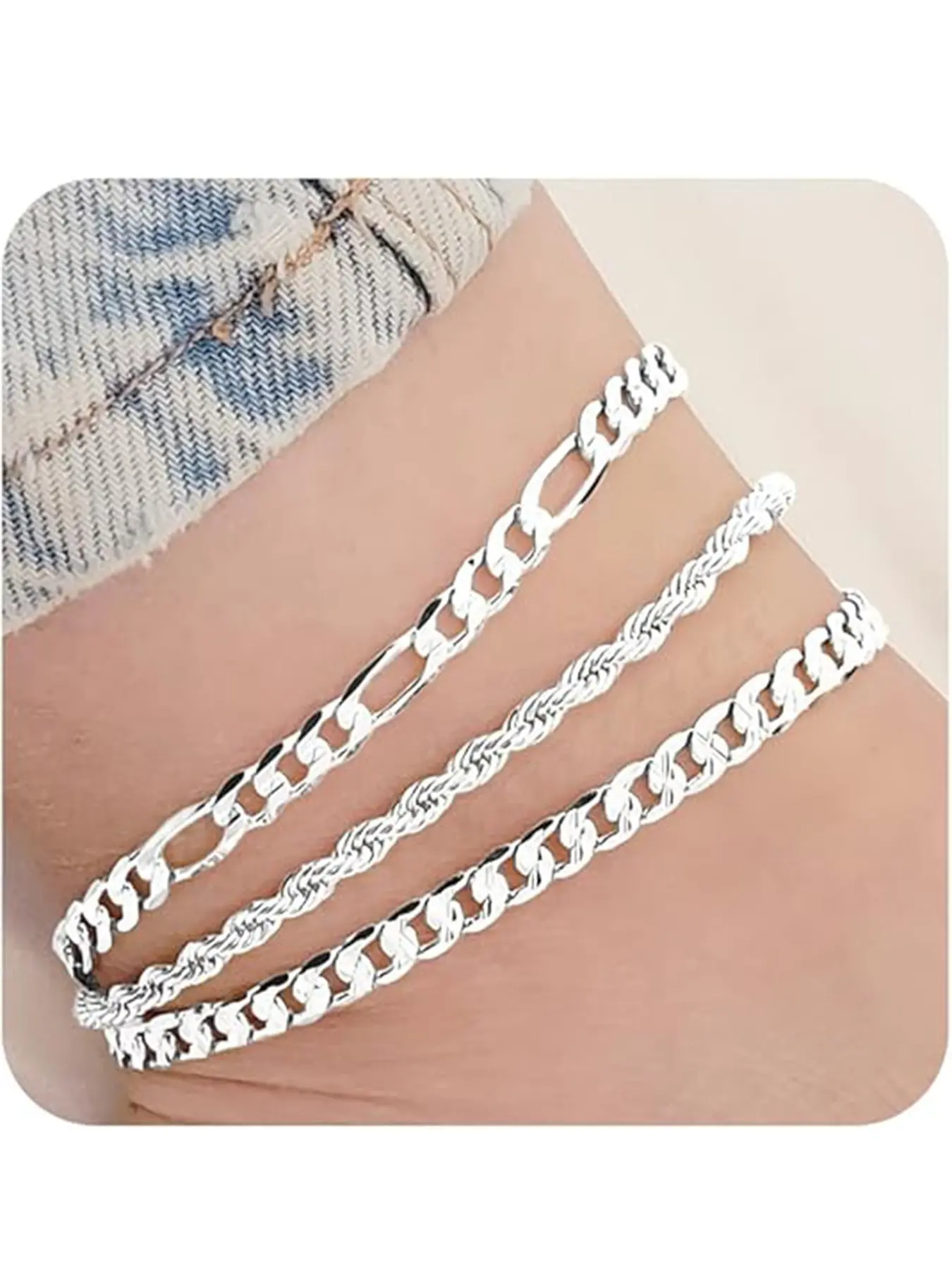 3-Piece Layered Anklet Set: Flat Snake Chain, Fried Dough Twist Chain, and Twisted Chain — Stylish Beach & Vacation Foot Jewelry for Women, Trendy Jewelry, Wearable Jewelry