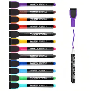 Magnetic Whiteboard Marker Pen Set, 12pcs/set Colorful Fine Point Dry Erase Marker Pen with Eraser Cap, Art Markers, Drawing Markers, Stationery Supplies for Home School Office