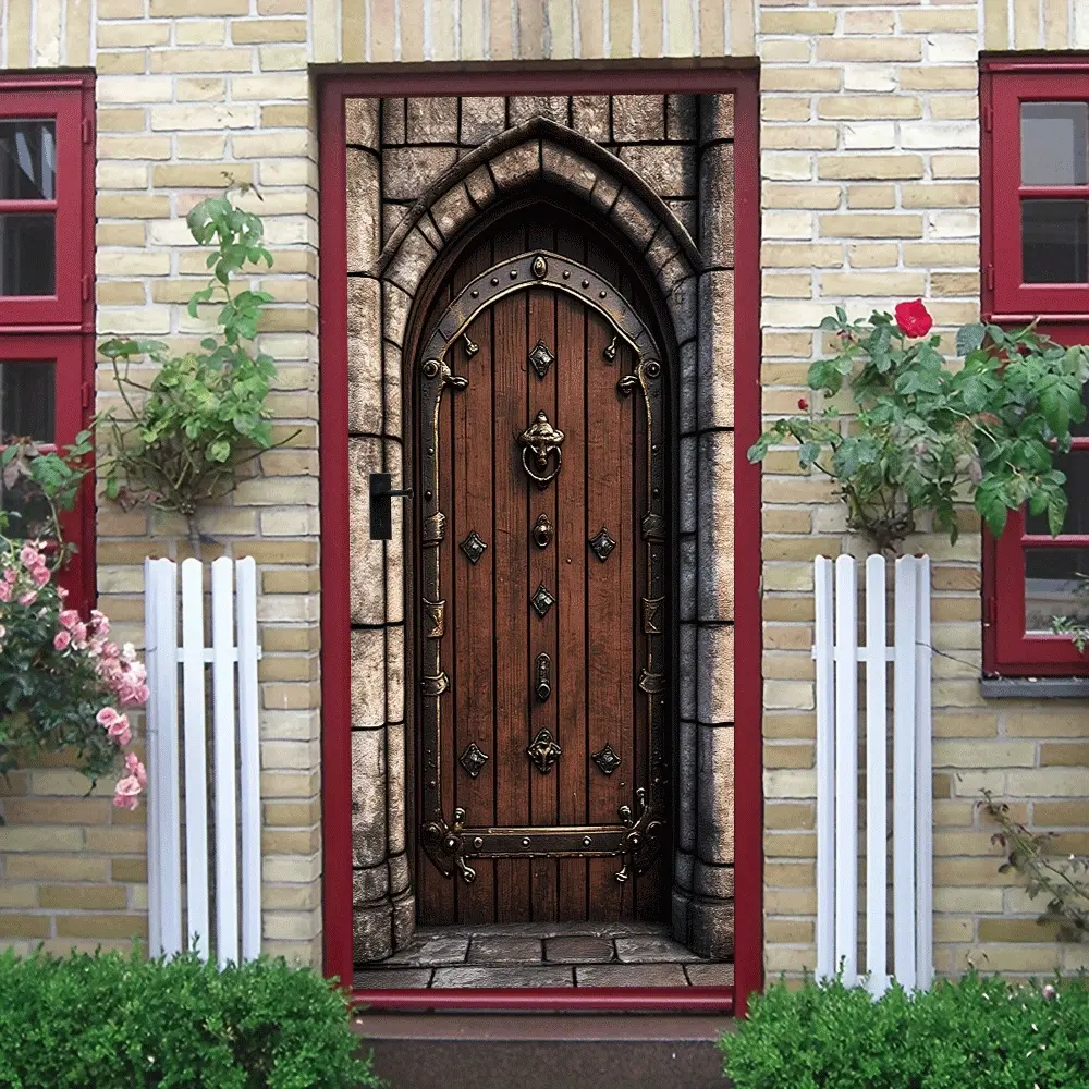 2pcs Vintage Medieval Castle Door Wall Sticker Stereo Simulated Wooden Door Decal Gothic Architecture Decorative Painting Self Adhesive Wallpaper for Living Room Bedroom Home Wall Decor Sticker