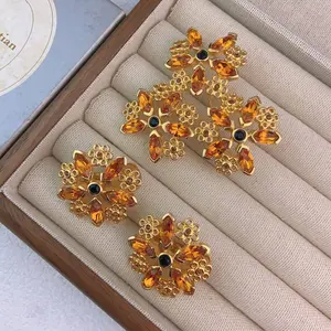 Pre-owned Dior Vintage Gold Brass with Yellow Gemstone Earrings and Brooch Set GIA1002