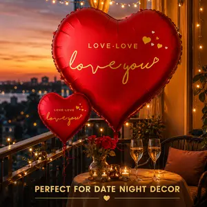 Giant “Love You” aluminum foil balloon set: includes a large 63-inch red heart balloon and one smaller 18-inch red heart balloon; suitable for Valentine’s Day, weddings, engagements, anniversaries, and birthday party decorations.