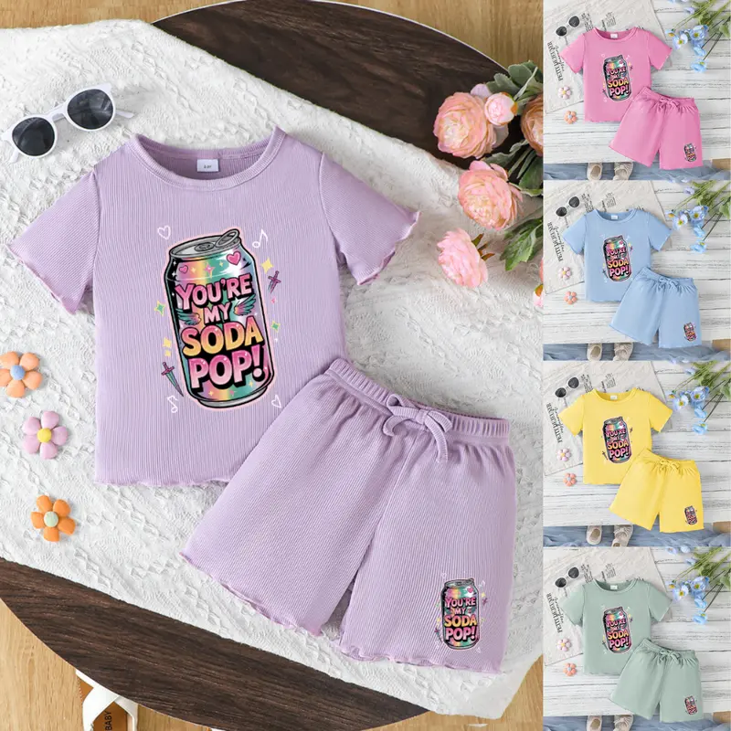 Toddler Girls' 2-Piece Clothing Set - Purple Graphic Print Crew Neck Short Sleeve Polyester T-Shirt & Shorts, Machine Washable Everyday Wear for Spring Summer Casual Outfits