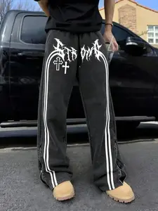 Men's Casual Sportswear Long Pants, Gothic Thorn & Cross Pattern Print, Drawstring Striped Wide Leg, Comfortable All-Season Wear, Athleisure Style, Drawstring Waist Athleisure