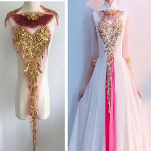 1 Set Gold Sequined Appliques Red Blue Embroidery Lace Fabric Wedding Sew On Patches For Dress DIY Decoration P041