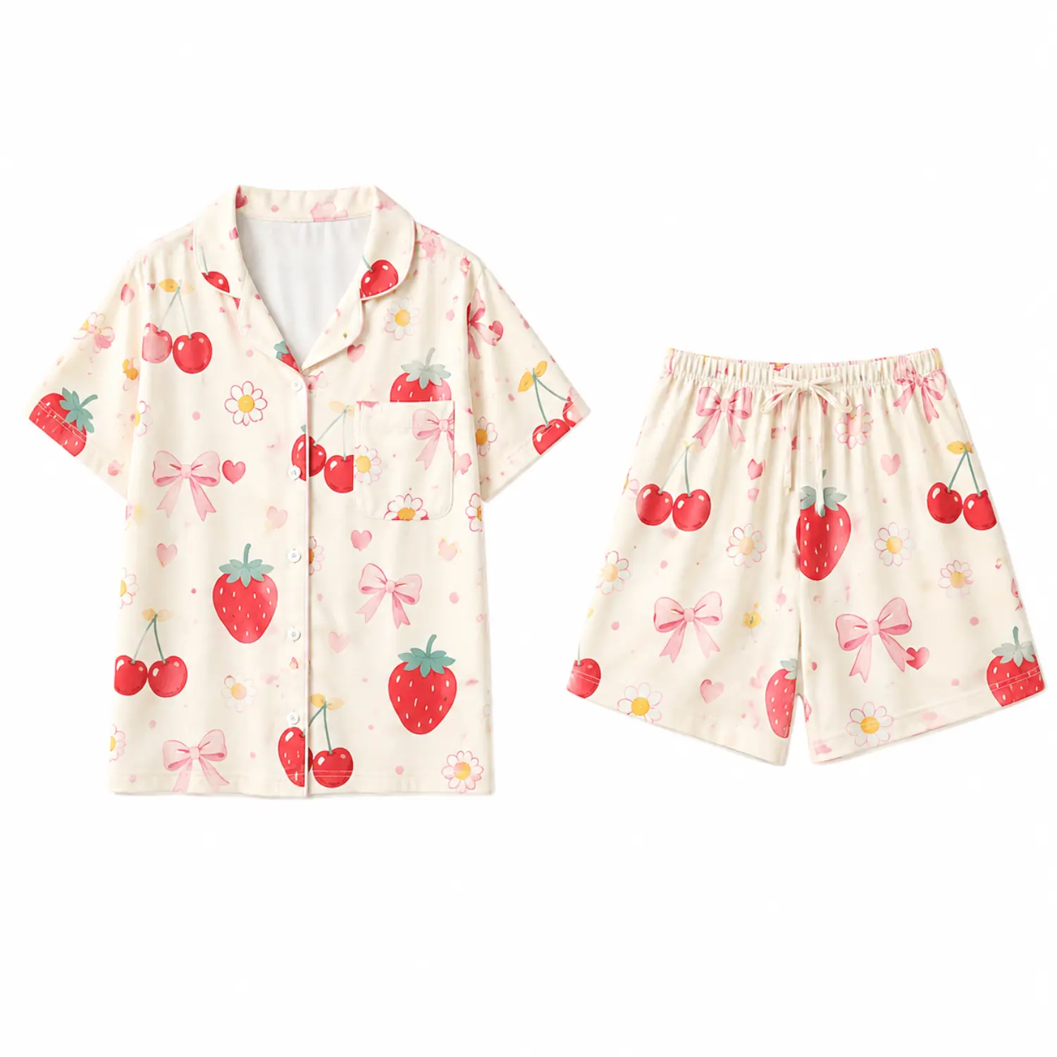 Cream Fruit Print Two-Piece Pajama Set, Short Sleeve Button-Up Sleep Shirt and Matching Shorts with Cherry, Strawberry, Bow, and Floral Pattern