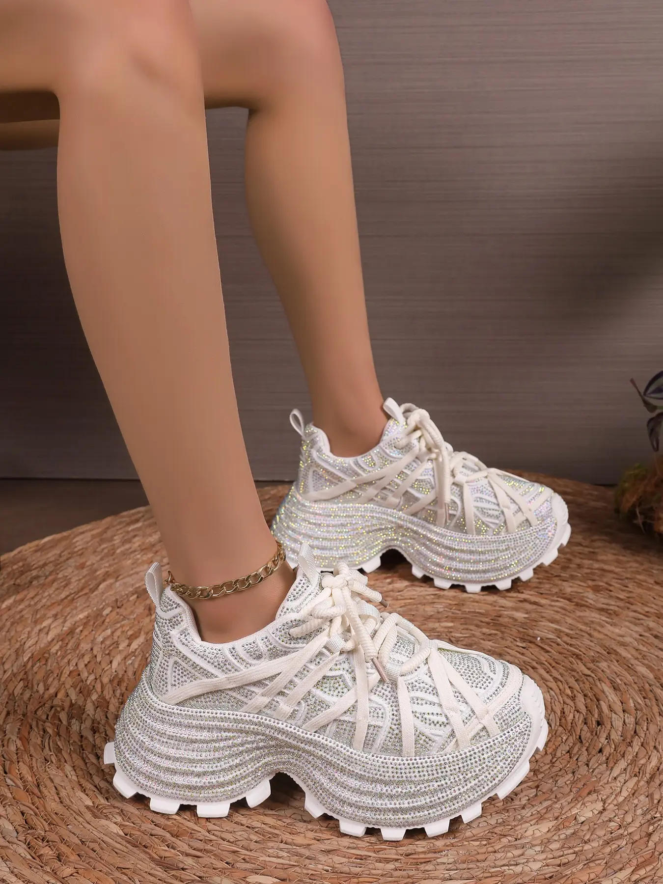New Fashion Rhinestone Buckle Thick Sole Dad Shoes for Women, Small Size Height Increasing Casual Sports Shoes, Trendy Walking Studded Sneakers, Stylish All-Purpose Sneakers