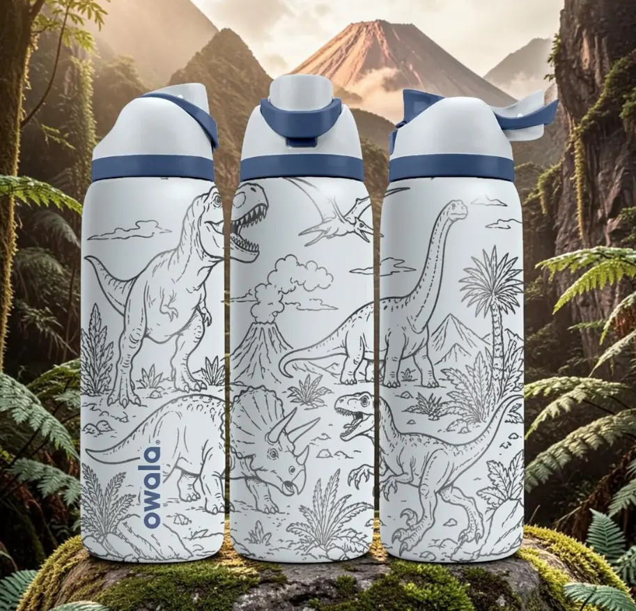 Owala 32oz Dinosaur Engraved Water Bottle for Kids, Jurassic Dino Scene Design, Cute Dinosaur Gift, Reusable Water Bottle for School & Travel