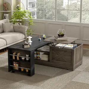 Farmhouse  Lift Top Coffee Table With Barn Doors, Wood Rectangle Center Table With Large Hidden Storage Space And Open Cabinet, For Living Room, Bedroom, Home Office