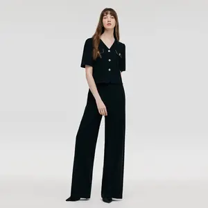 V-Neck Top And Straight Pants Two-Piece Set